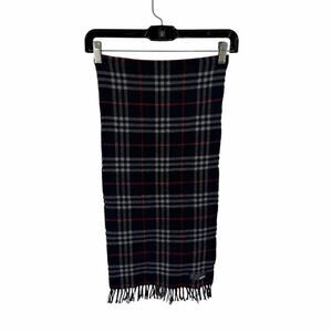 Vintage Burberry Cashmere Wool Fringe Scarf Navy Red Plaid